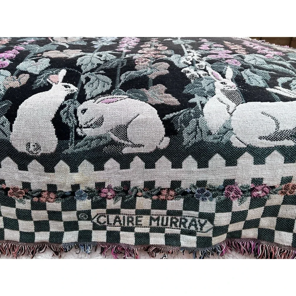Vtg Claire Murray Foxglove Weavers Tapestry Blanket Throw Garden Bunnies Rabbit